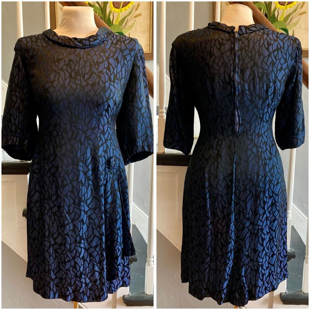 1960s Navy Satin Geometric Brocade Mini Wiggle Dress Jacquard Mod Boho Pinup